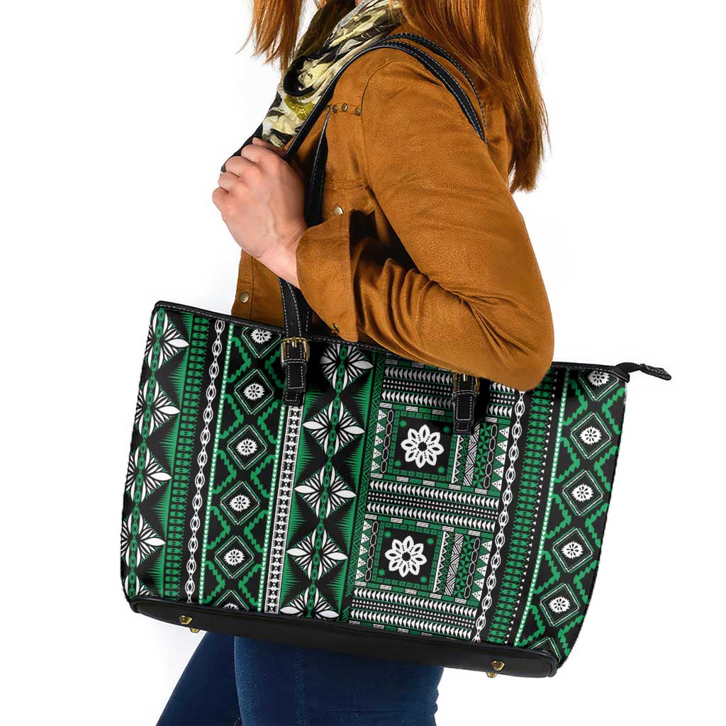 Fiji Masi Tapa Pattern Green Leather Tote Bag - Polynesian Pride