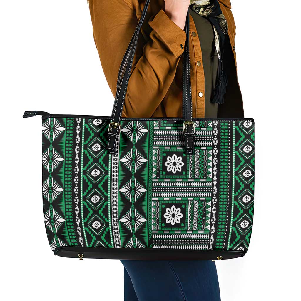 Fiji Masi Tapa Pattern Green Leather Tote Bag - Polynesian Pride