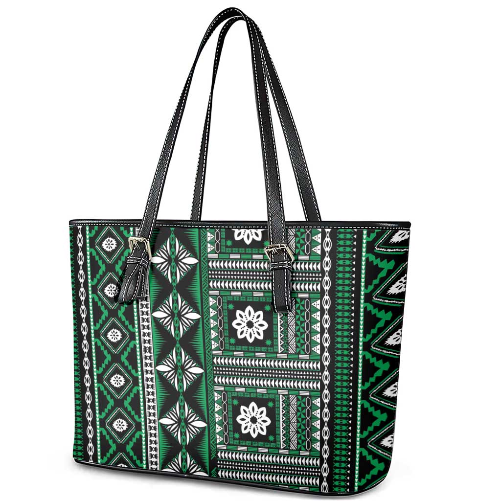 Fiji Masi Tapa Pattern Green Leather Tote Bag - Polynesian Pride