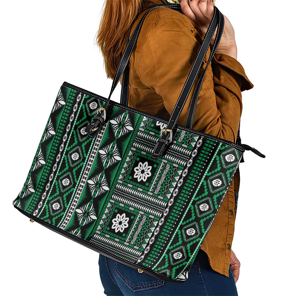 Fiji Masi Tapa Pattern Green Leather Tote Bag - Polynesian Pride