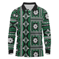 Fiji Masi Tapa Pattern Green Long Sleeve Polo Shirt - Polynesian Pride