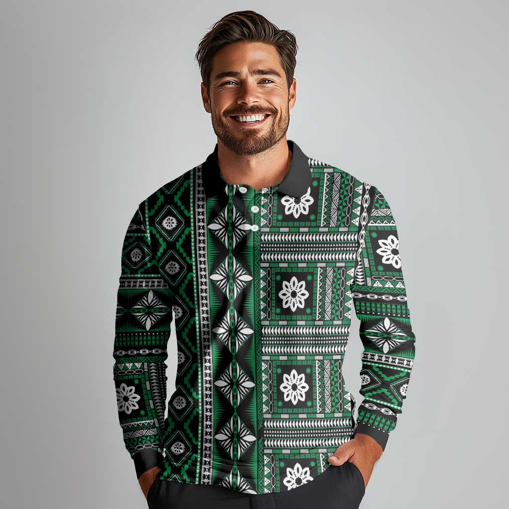 Fiji Masi Tapa Pattern Green Long Sleeve Polo Shirt - Polynesian Pride