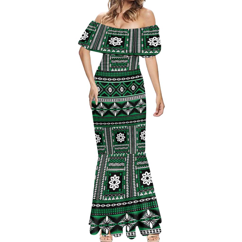 Fiji Masi Tapa Pattern Green Mermaid Dress - Polynesian Pride