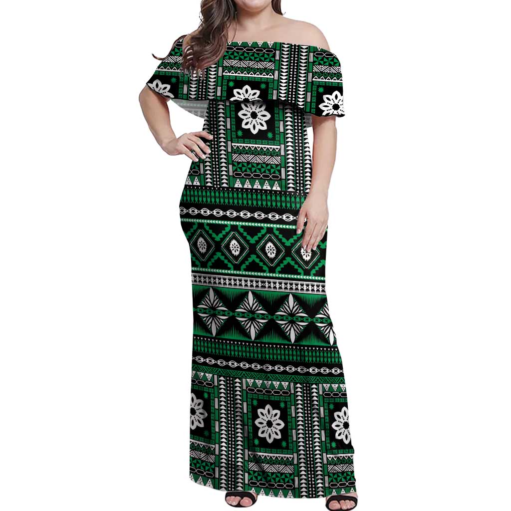 Fiji Masi Tapa Pattern Green Off Shoulder Maxi Dress - Polynesian Pride