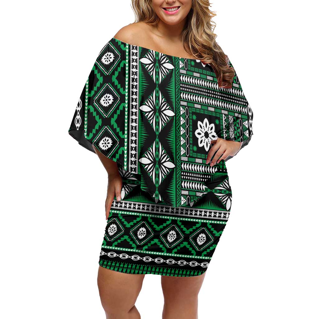 Fiji Masi Tapa Pattern Green Off Shoulder Short Dress - Polynesian Pride