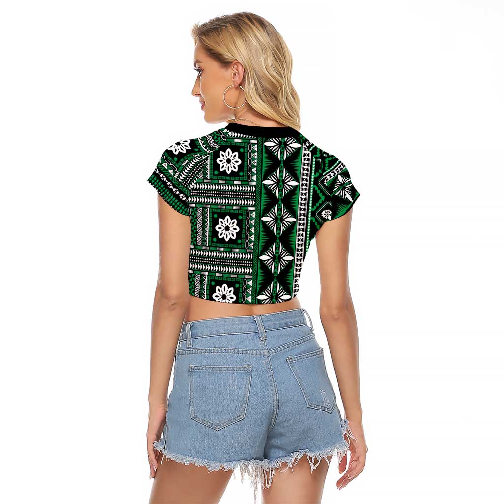 Fiji Masi Tapa Pattern Green Raglan Cropped T Shirt - Polynesian Pride