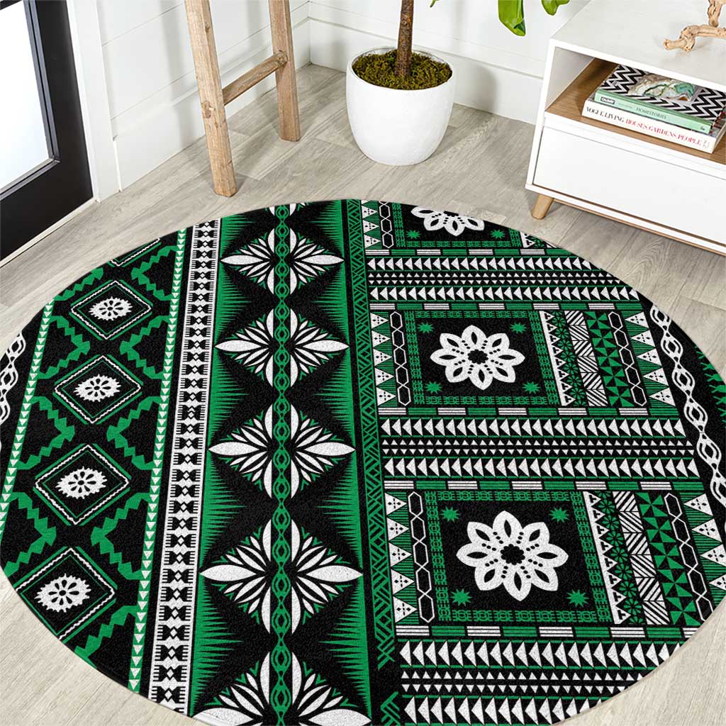 Fiji Masi Tapa Pattern Green Round Carpet - Polynesian Pride
