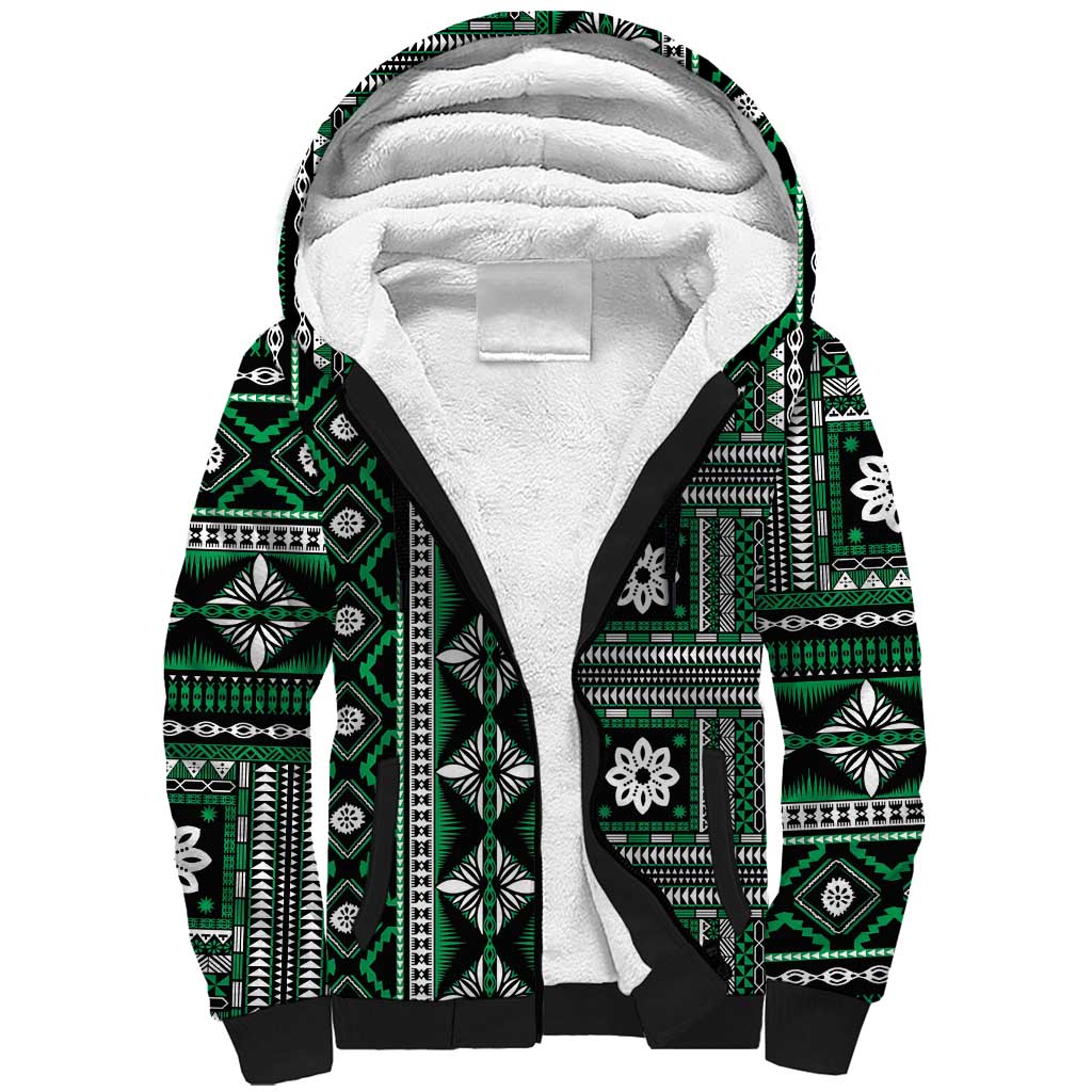 Fiji Masi Tapa Pattern Green Sherpa Hoodie LT01 Unisex Green - Polynesian Pride