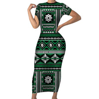 Fiji Masi Tapa Pattern Green Short Sleeve Bodycon Dress LT01 Long Dress Green - Polynesian Pride