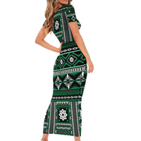 Fiji Masi Tapa Pattern Green Short Sleeve Bodycon Dress LT01 - Polynesian Pride