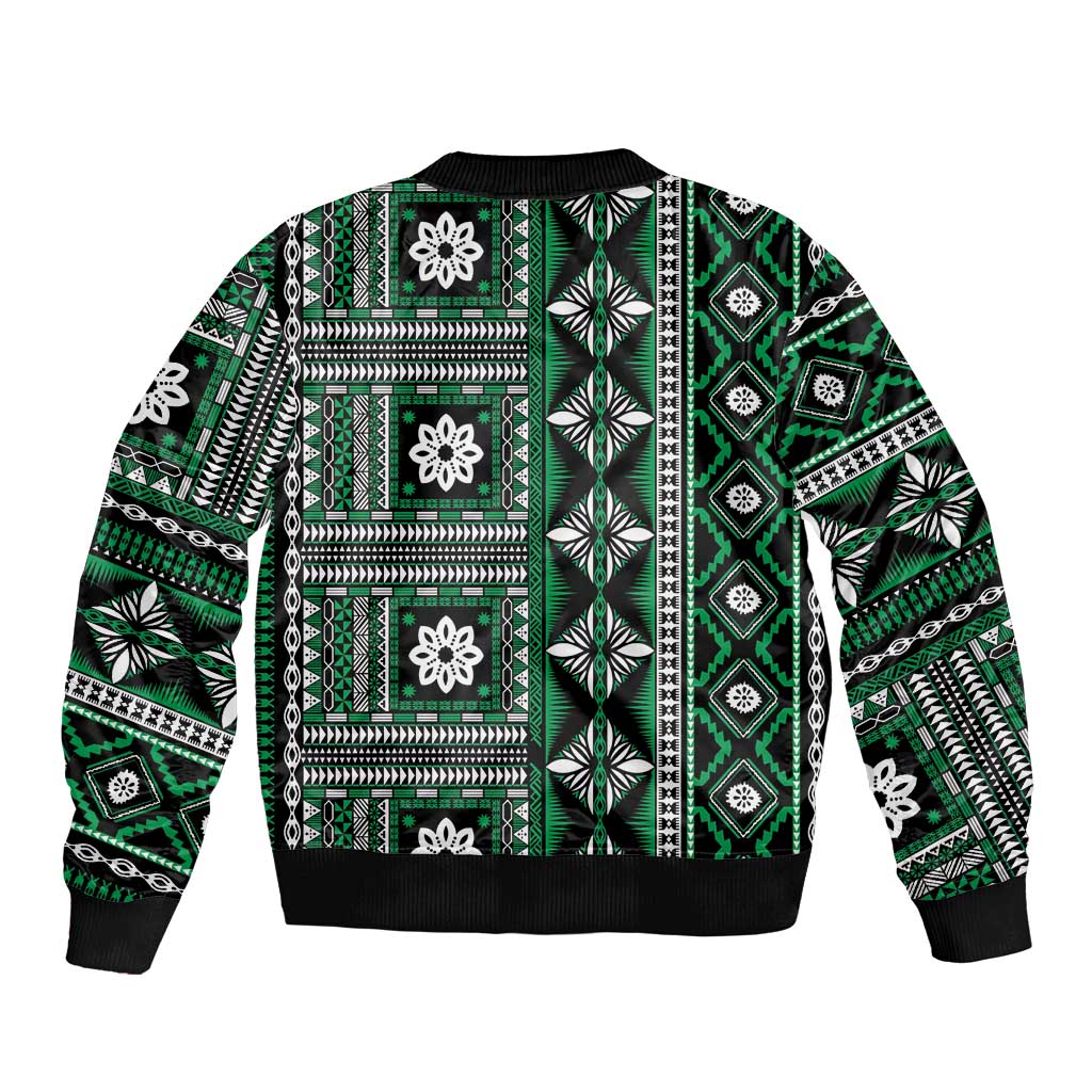 Fiji Masi Tapa Pattern Green Sleeve Zip Bomber Jacket - Polynesian Pride