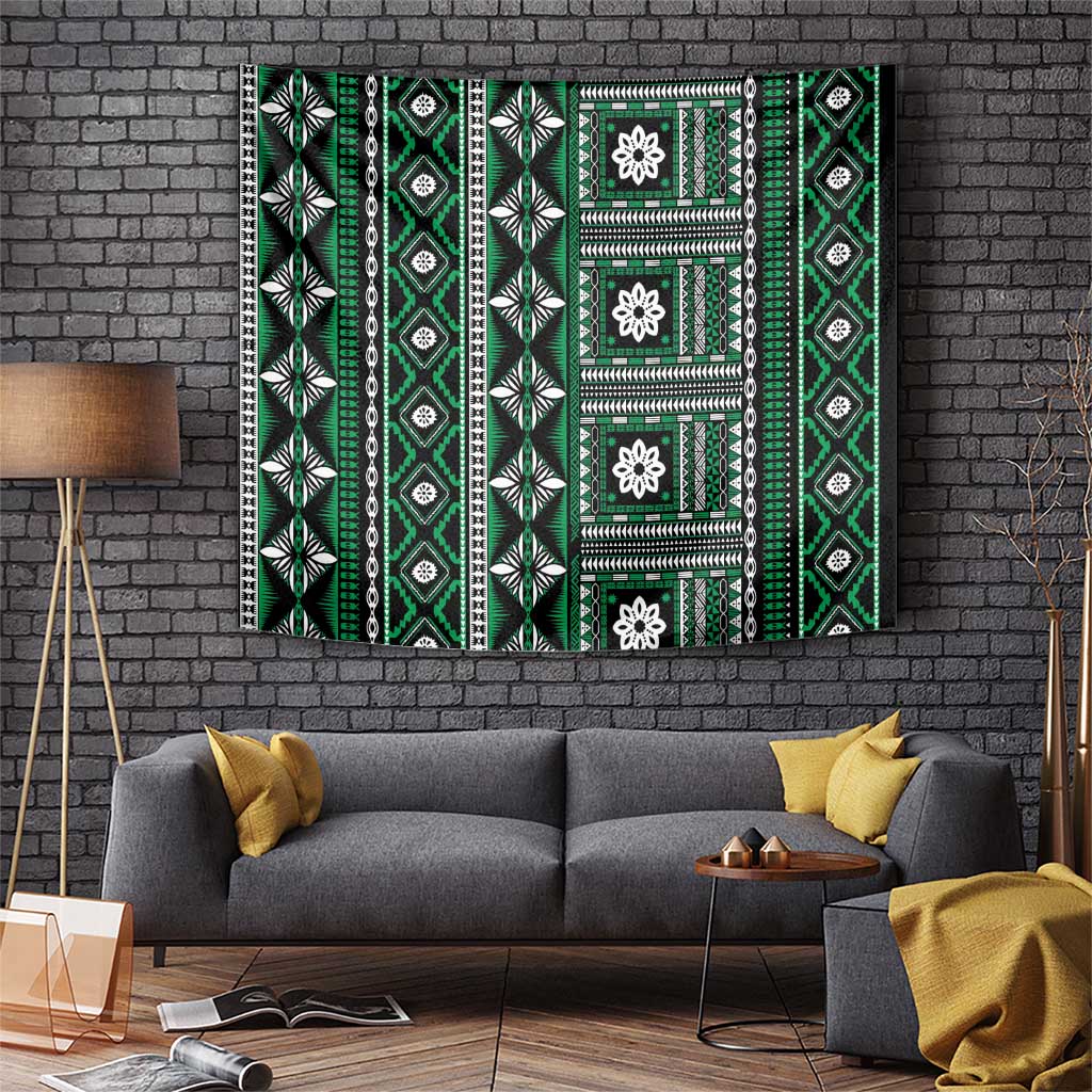 Fiji Masi Tapa Pattern Green Tapestry - Polynesian Pride