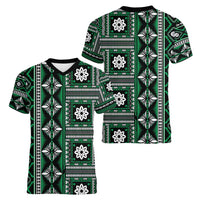 Fiji Masi Tapa Pattern Green Women V-Neck T-Shirt - Polynesian Pride