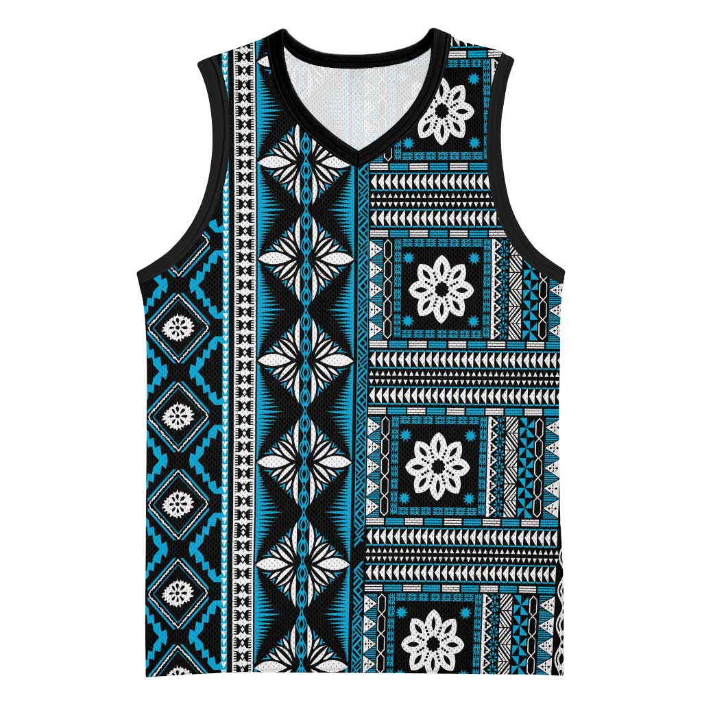 Fiji Masi Tapa Pattern Blue Basketball Jersey - Polynesian Pride