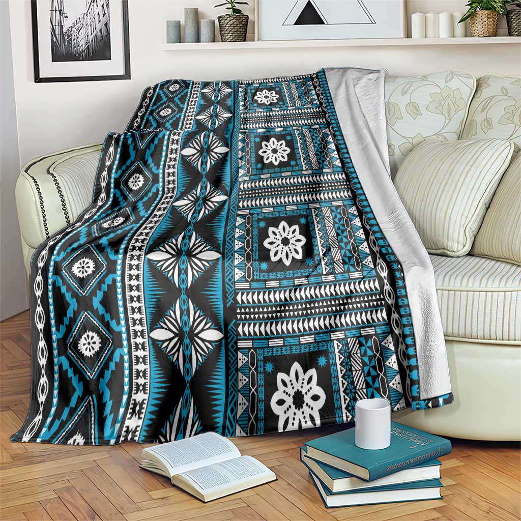 Fiji Masi Tapa Pattern Blue Blanket - Polynesian Pride