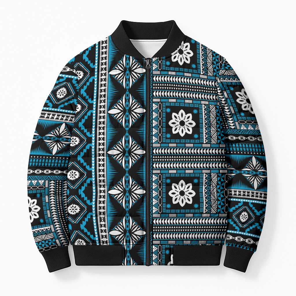 Fiji Masi Tapa Pattern Blue Bomber Puffer Jacket - Polynesian Pride
