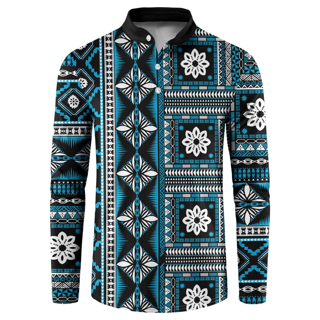 Fiji Masi Tapa Pattern Blue Button Sweatshirt - Polynesian Pride