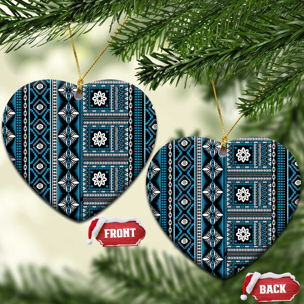 Fiji Masi Tapa Pattern Blue Ceramic Ornament LT01 Heart Blue - Polynesian Pride