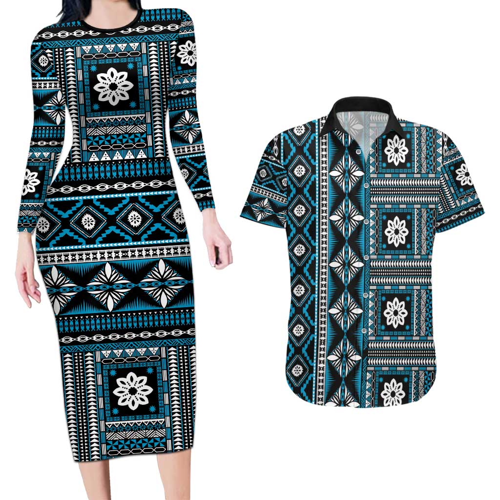 Fiji Masi Tapa Pattern Blue Couples Matching Long Sleeve Bodycon Dress and Hawaiian Shirt - Polynesian Pride