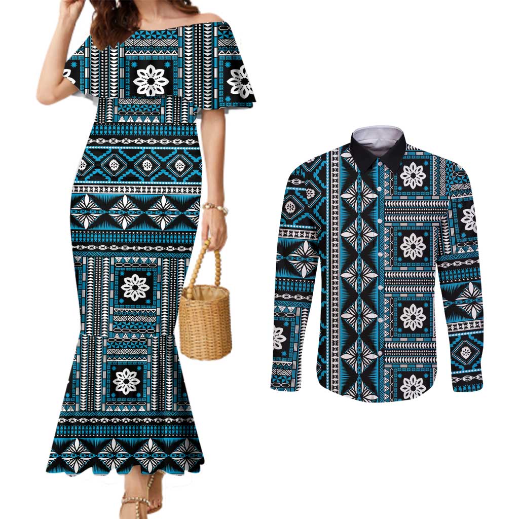 Fiji Masi Tapa Pattern Blue Couples Matching Mermaid Dress and Long Sleeve Button Shirt - Polynesian Pride