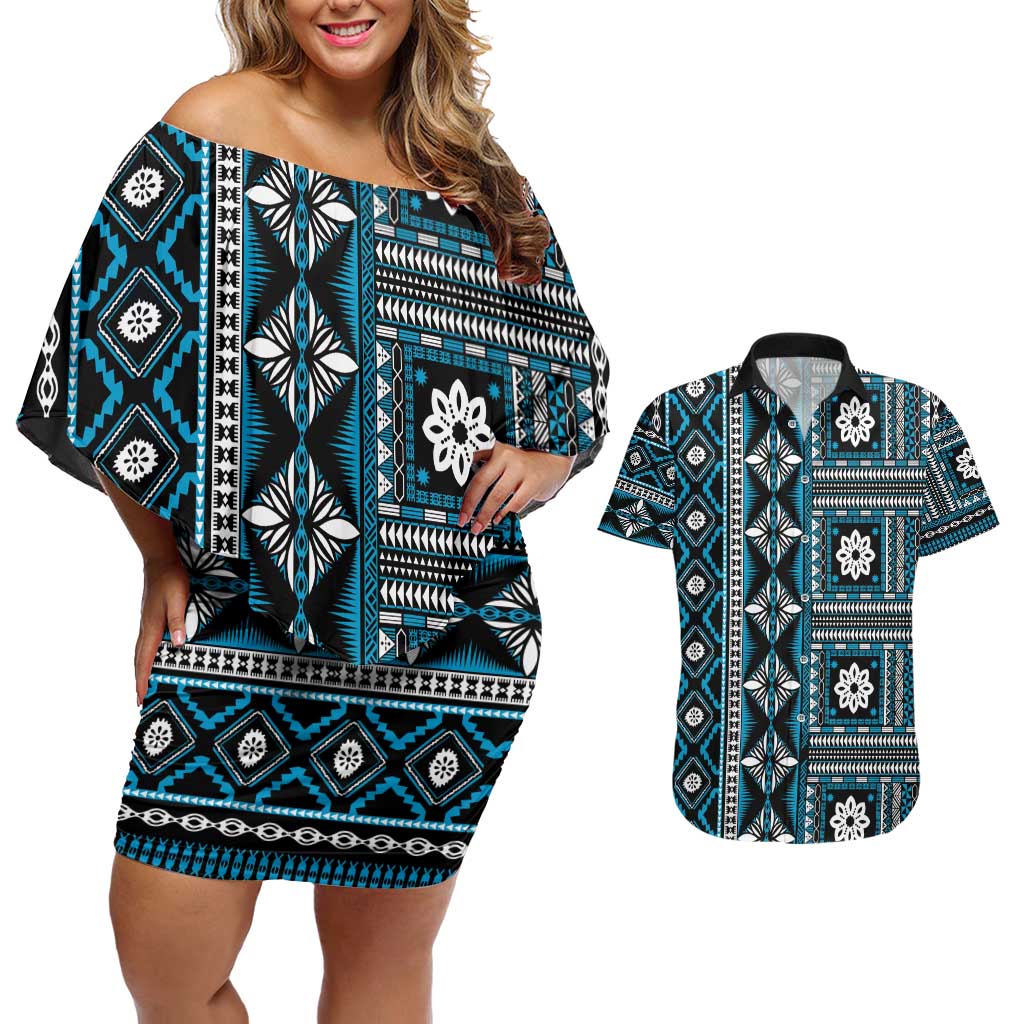 Fiji Masi Tapa Pattern Blue Couples Matching Off Shoulder Short Dress and Hawaiian Shirt - Polynesian Pride
