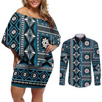Fiji Masi Tapa Pattern Blue Couples Matching Off Shoulder Short Dress and Long Sleeve Button Shirt - Polynesian Pride