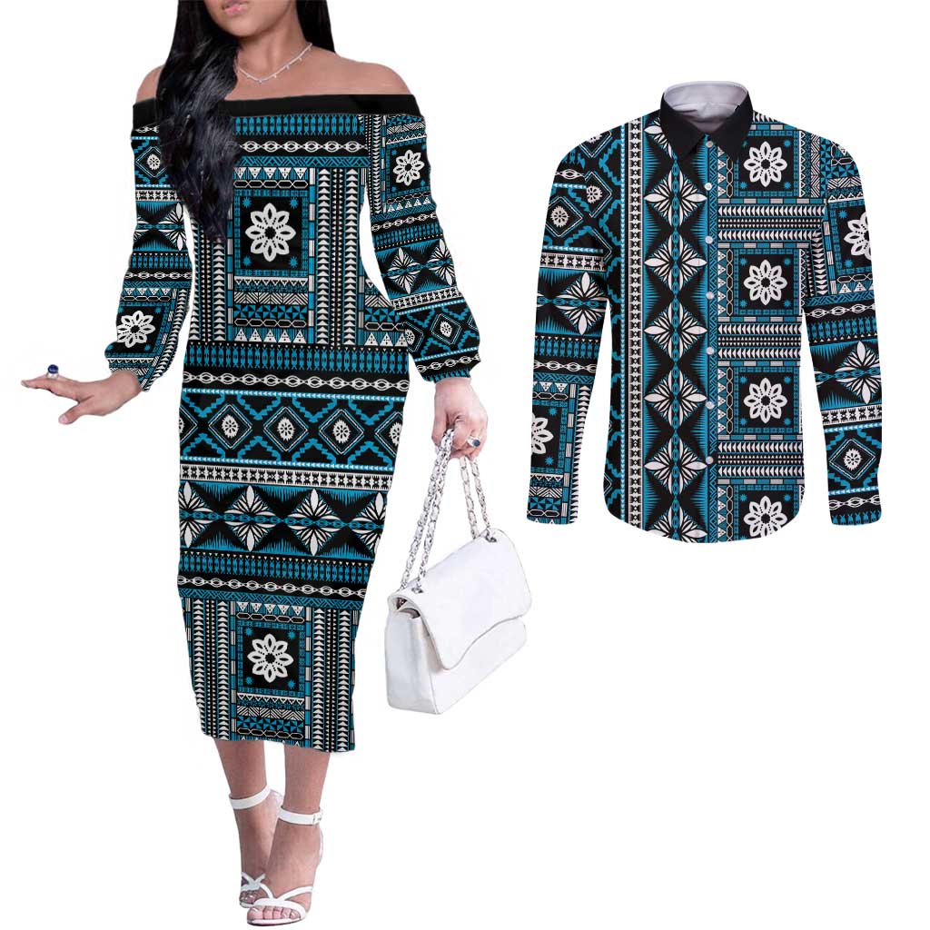 Fiji Masi Tapa Pattern Blue Couples Matching Off The Shoulder Long Sleeve Dress and Long Sleeve Button Shirt - Polynesian Pride