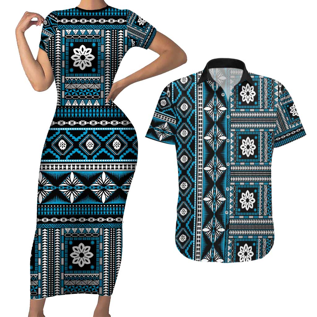 Fiji Masi Tapa Pattern Blue Couples Matching Short Sleeve Bodycon Dress and Hawaiian Shirt - Polynesian Pride