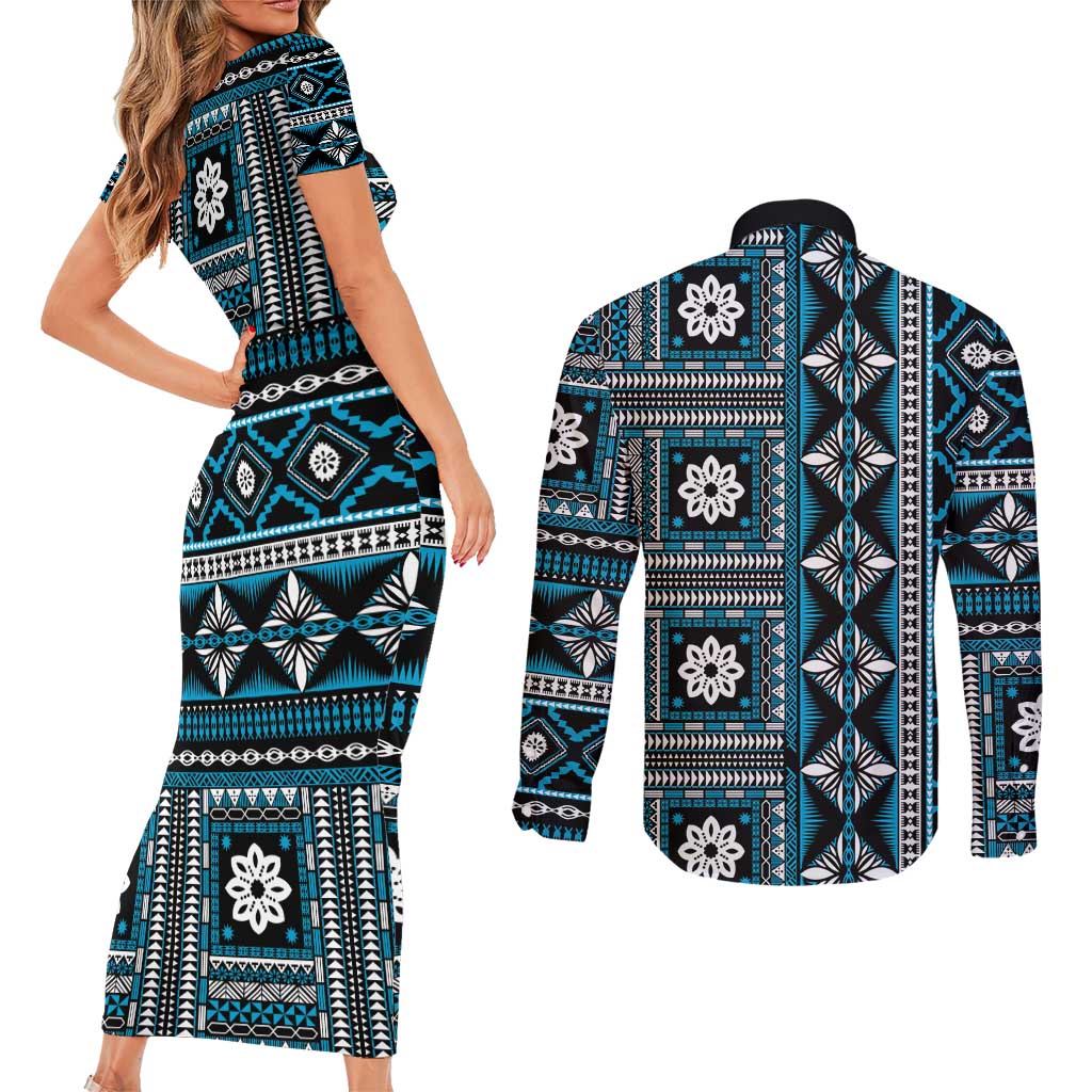 Fiji Masi Tapa Pattern Blue Couples Matching Short Sleeve Bodycon Dress and Long Sleeve Button Shirt - Polynesian Pride
