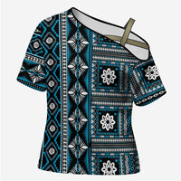 Fiji Masi Tapa Pattern Blue Cross Shoulder Shirt - Polynesian Pride