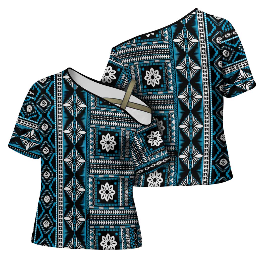 Fiji Masi Tapa Pattern Blue Cross Shoulder Shirt - Polynesian Pride