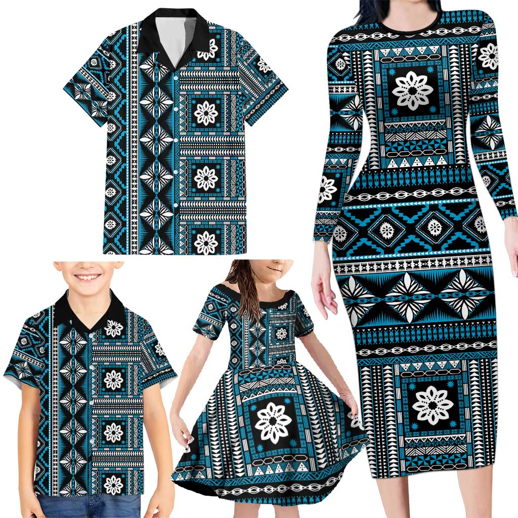 Fiji Masi Tapa Pattern Blue Family Matching Long Sleeve Bodycon Dress and Hawaiian Shirt - Polynesian Pride