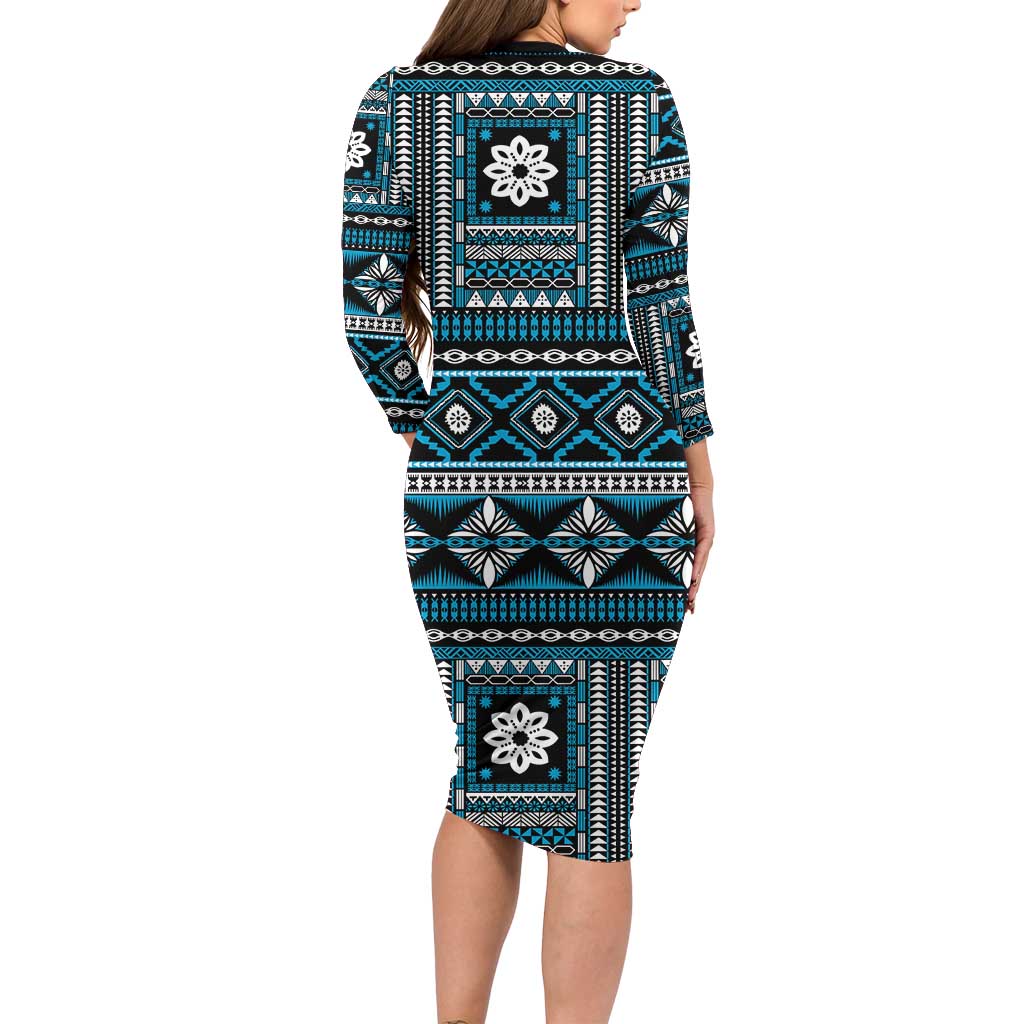 Fiji Masi Tapa Pattern Blue Family Matching Long Sleeve Bodycon Dress and Hawaiian Shirt - Polynesian Pride