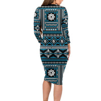 Fiji Masi Tapa Pattern Blue Family Matching Long Sleeve Bodycon Dress and Hawaiian Shirt - Polynesian Pride