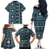 Fiji Masi Tapa Pattern Blue Family Matching Off The Shoulder Long Sleeve Dress and Hawaiian Shirt - Polynesian Pride