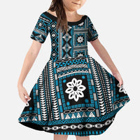 Fiji Masi Tapa Pattern Blue Family Matching Short Sleeve Bodycon Dress and Hawaiian Shirt - Polynesian Pride