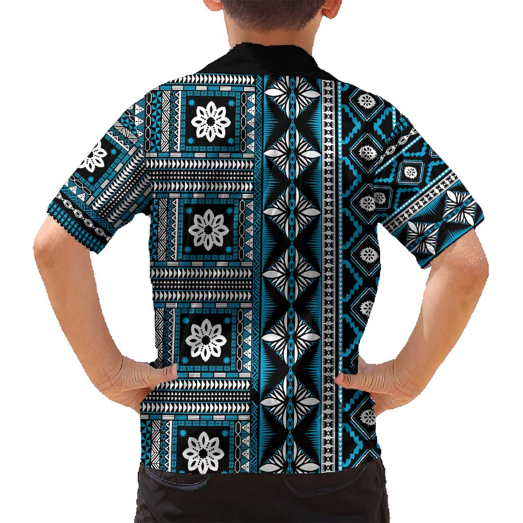 Fiji Masi Tapa Pattern Blue Family Matching Summer Maxi Dress and Hawaiian Shirt - Polynesian Pride