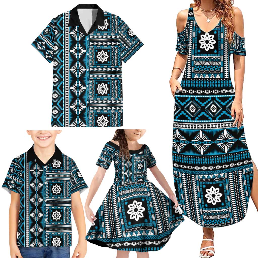 Fiji Masi Tapa Pattern Blue Family Matching Summer Maxi Dress and Hawaiian Shirt - Polynesian Pride