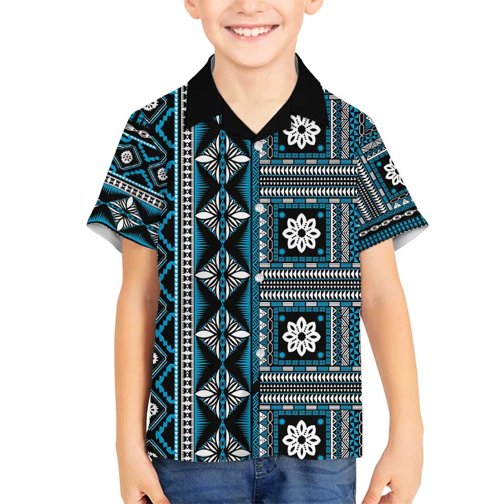 Fiji Masi Tapa Pattern Blue Family Matching Tank Maxi Dress and Hawaiian Shirt - Polynesian Pride