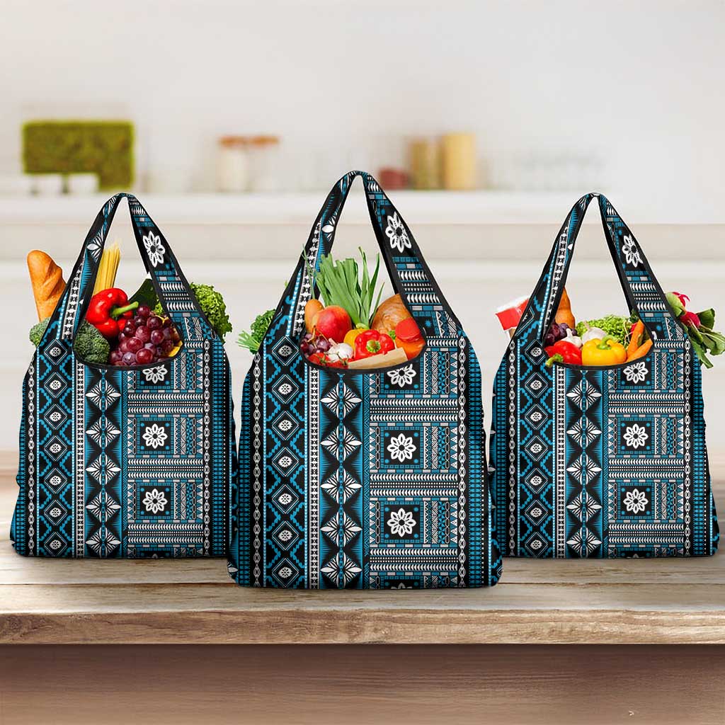 Fiji Masi Tapa Pattern Blue Grocery Bag - Polynesian Pride