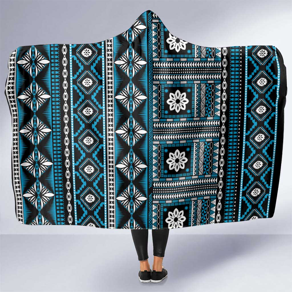 Fiji Masi Tapa Pattern Blue Hooded Blanket - Polynesian Pride