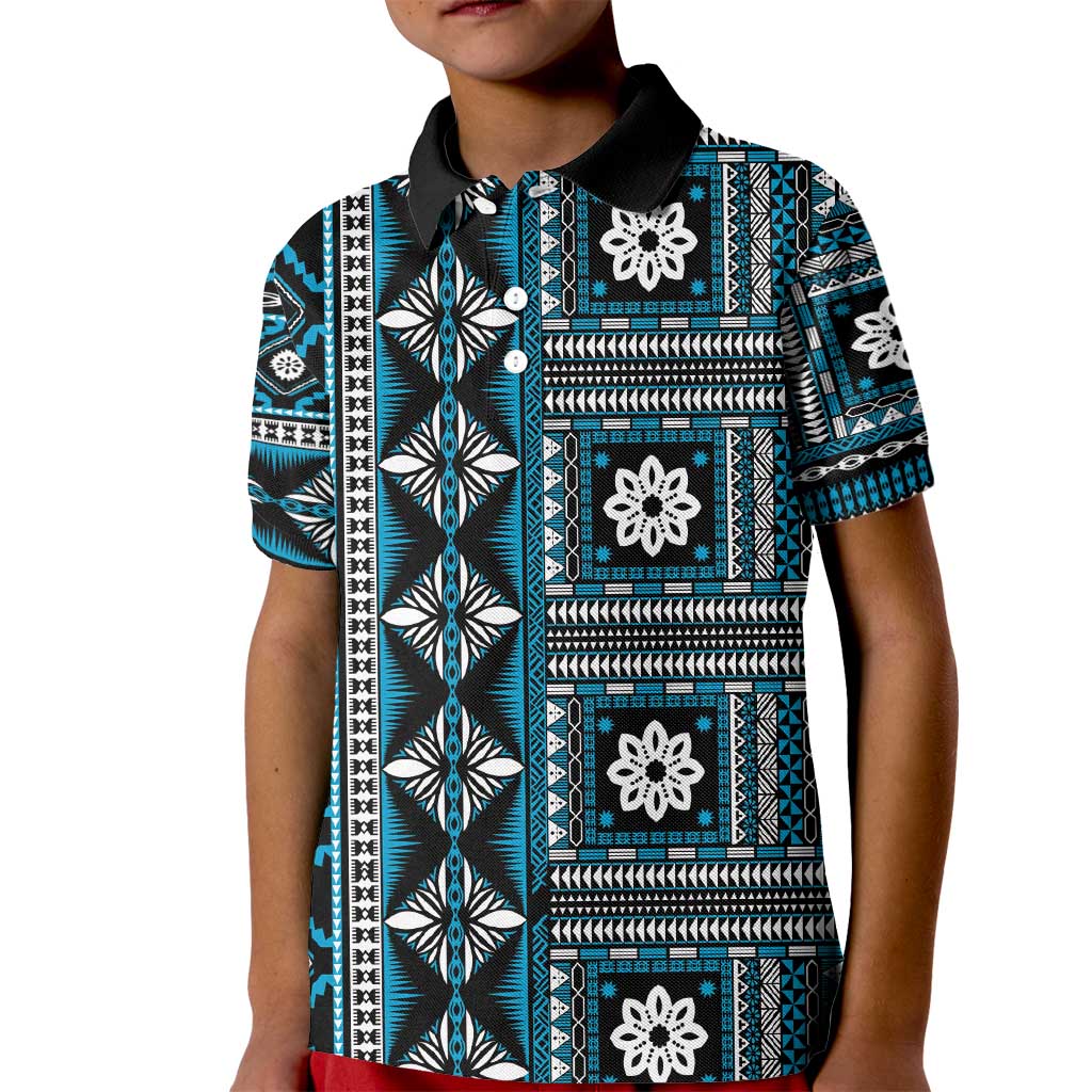Fiji Masi Tapa Pattern Blue Kid Polo Shirt - Polynesian Pride