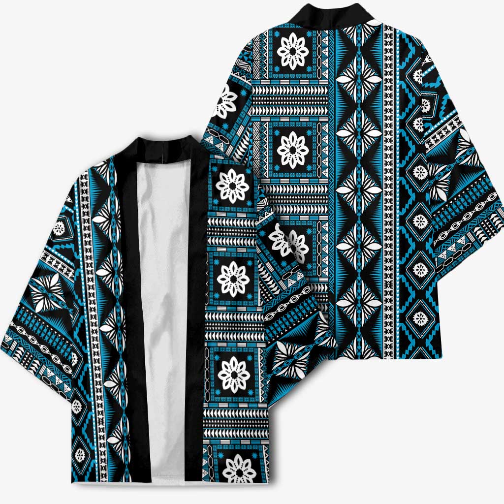 Fiji Masi Tapa Pattern Blue Kimono - Polynesian Pride