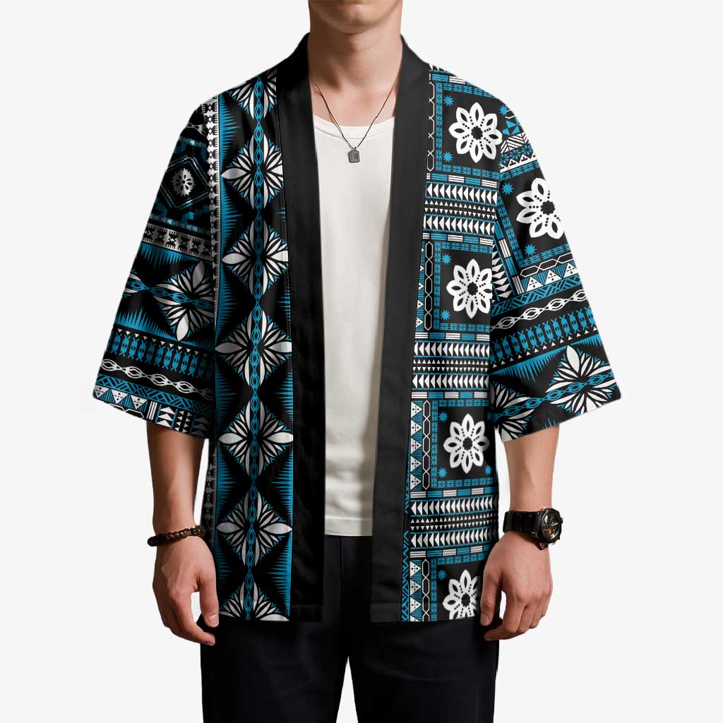 Fiji Masi Tapa Pattern Blue Kimono - Polynesian Pride