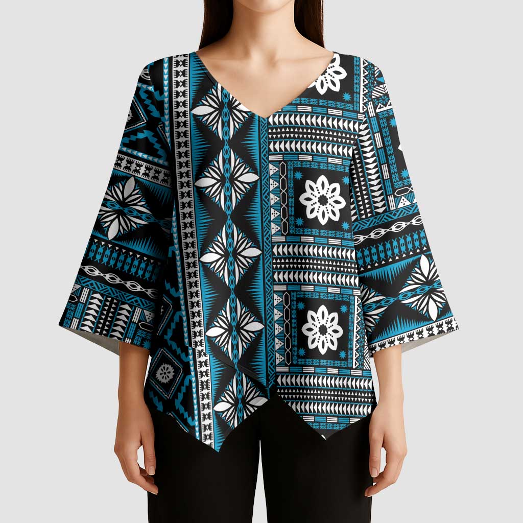 Fiji Masi Tapa Pattern Blue Kimono Sleeve Blouse - Polynesian Pride