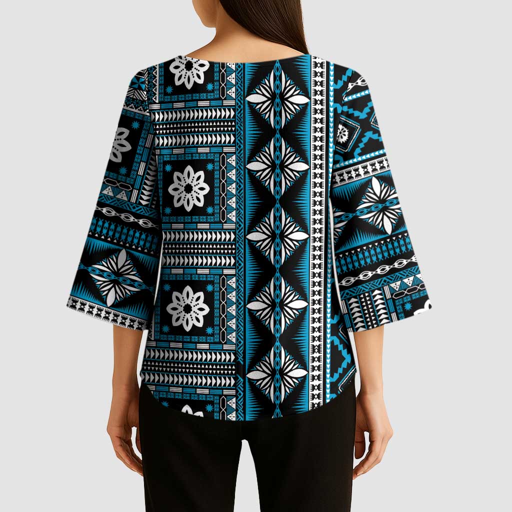 Fiji Masi Tapa Pattern Blue Kimono Sleeve Blouse - Polynesian Pride