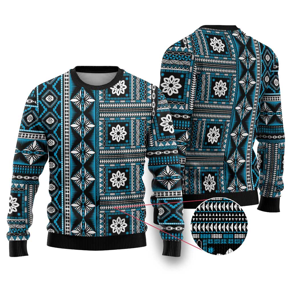 Fiji Masi Tapa Pattern Blue Ugly Christmas Sweater - Polynesian Pride