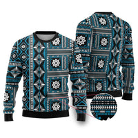 Fiji Masi Tapa Pattern Blue Ugly Christmas Sweater - Polynesian Pride