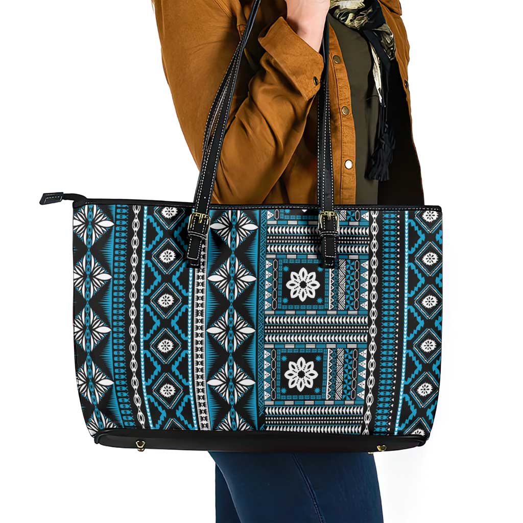Fiji Masi Tapa Pattern Blue Leather Tote Bag - Polynesian Pride