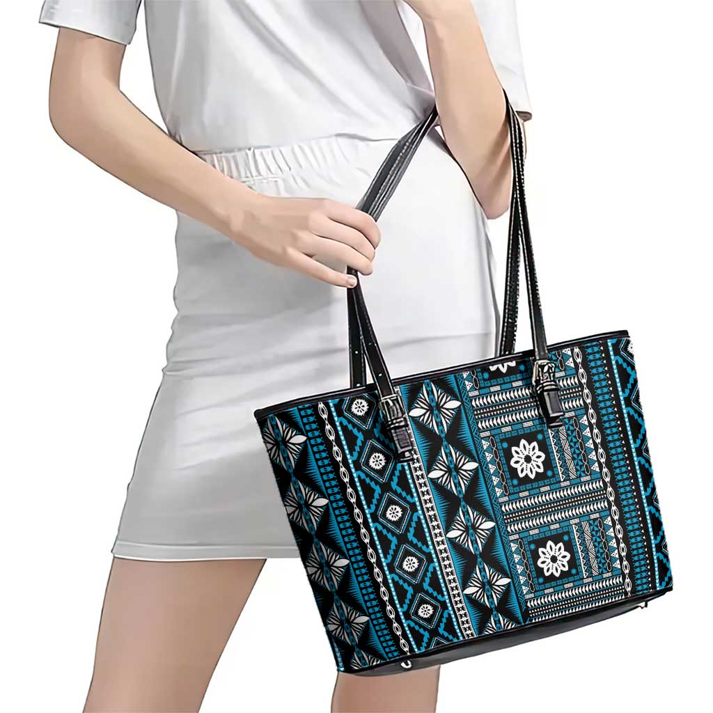Fiji Masi Tapa Pattern Blue Leather Tote Bag - Polynesian Pride